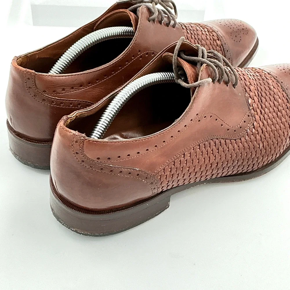 Johnston & Murphy Mens Size 9.5 Brown Woven Leather Cap Toe Oxford Brogue Shoes